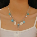 Blue ocean theme necklace with starfish, turtle, and jellyfish charms on a woven cord - Blue Ocean Spliced Style (White KDZ019)