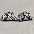 Detailed macro view of wooden cowboy hat stud earrings with black and white cow print texture - 3-Cow Print Cowboy Hat