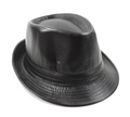 Close-up of black PU leather fedora hat featuring fine stitching and a decorative band - Adult 58cm One Size / Black