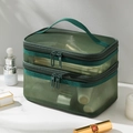 Deep green double-layered mesh makeup bag with dual zippers and portable handle - Double Layer / Dark Green
