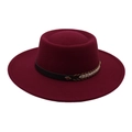 Detail of burgundy wool felt flat top hat with ethnic woven leather band and metal buckle - Burgundy