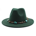 Detail of emerald green wool fedora hat featuring turquoise beads and braided leather band - M (56-58cm) / Dark Green