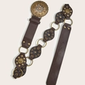 Retro millennial dark brown leather waist belt with round carved buckle and brass rivets - Bronze Large Round Buckle (Brown Spliced)