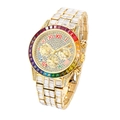 Luxury gold watch with rainbow gemstone bezel and full diamond-set dial for men - Gold Rainbow Diamond