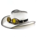 Steampunk white gradient straw cowboy hat featuring vintage gold goggles with yellow lenses - M (56-58cm) / White with Black Spray