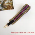 Close-up of colorful striped woven wide bag strap with black leather and gold metal hooks - Yellow Green with Black Trim