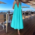 Turquoise deep V-neck halter maxi dress with backless design and flowing hemline - S / Sky Blue