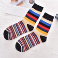 Classic striped cotton mid-calf socks for men featuring black, blue, yellow, and red colors - 38-45 / Black Yellow Multicolor