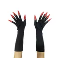 Detail of long black Halloween gloves with sharp red nails for vampire costume - Red Long Nail Gloves
