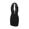 Sleeveless black lace halter mini dress with backless design and slim fit silhouette - XS / Black
