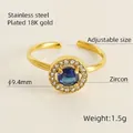 Adjustable 18K gold plated stainless steel ring featuring a round blue zircon halo - Gold with Blue Zircon