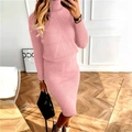 Pink knit set detail featuring turtleneck sweater and midi skirt with vertical ribbing - S / Pink