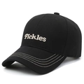 Black cotton baseball cap with Pickles embroidery and stylish white contrast stitching - Black with Gold Embroidery