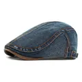 Béret en jean bleu foncé avec visière en cuir marron et surpiqûres orange - Réglable / Bleu foncé