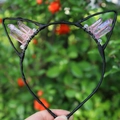 Cat ear headband with pink quartz crystals and black wire wrap for parties - No.81 Rose Quartz