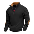 Men's black half-zip sweatshirt with brown contrasting elbow patches and stand collar - S / Black