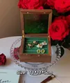 Square walnut wood jewelry box with green embossed glass and velvet ring slots - Black Walnut Green Begonia Vintage Green Ring Small Box