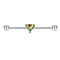 Surgical steel industrial barbell featuring a rainbow iridescent heart centerpiece - Colorful Heart