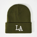 Olive green knit beanie with white embroidered LA logo in a ribbed texture - Army Green