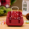 Christmas snowman tin candy box with red polka dots and silver metal handle - Red Polka Dot Snowman