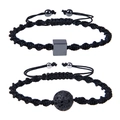 Detail of adjustable woven couple bracelets featuring volcanic stone and square mineral bead - Set-2