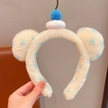 Serre-tête en peluche beige à pois bleus avec oreilles de pompon pour femmes - Jolie cerise bleue
