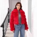 Short red faux fur jacket for women featuring a stylish lapel and layered sewing detail - S / Red