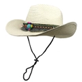 Cappello da cowboy in paglia etnica con perline turchesi, nappe e cinturino regolabile - M (56-58cm) / Bianco Crema