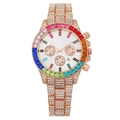 Golden watch with colorful rhinestones on bezel and diamond-set dial shown on white background - Rose Gold Band White Dial