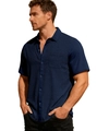 Herenoverhemd in donkerblauw met korte mouwen en geometrische gebreide textuur - S / Marineblauw
