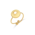 Detail of adjustable gold ring featuring a sunburst engraved disc and twisted rope band - Hollow Sunlight / Adjustable Open