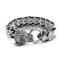 Gevlochten herenarmband van leer met dubbele wolfskoppen en metalen gesp met ruitpatroon - 17cm