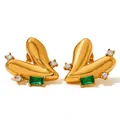 Golden abstract titanium steel heart earrings with green gemstones and white crystals - Gold with Green Rectangle Stone (KDE908)