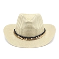 Detalle de sombrero Panamá de paja con cinta negra y decoración de cadena dorada - M (56-58cm) / Beige