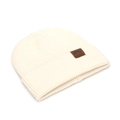 Minimalist beige ribbed knit beanie for men and women featuring a brown leather fashion patch - Off White