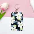 Floral ID card holder with black flower pattern, keychain hook and bracelet strap - Round Buckle Keychain / White Green