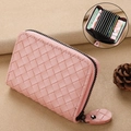Pink woven leather card holder with multiple accordion slots and secure zipper closure - Pink