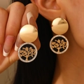 Golden Tree of Life drop earrings with white crystals and circular vintage design - Black Edged Gold Tree of Life Earrings (KC Gold Black 9348)