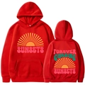 Sweat à capuche rouge avec imprimé coucher de soleil vintage et épaules tombantes pour hommes/femmes - Rouge