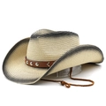 Vintage western cowboy straw hat with gradient paint, leather belt and rivets decoration - M(56-58cm) / Beige Black Gradient