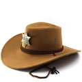 Classic brown felt sheriff hat with braided rope and metal star badge for women - M (56-58cm) / Khaki