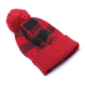 Detail of red and black buffalo plaid knit beanie with a large matching pompom - No Tag / Black Red