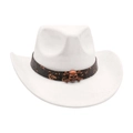 White western cowboy hat featuring vintage brown band and bronze skull ornament decoration - White