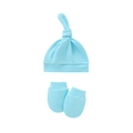 Blue knotted cotton baby hat and anti-scratch mittens set for newborns on white background - Light Lake Blue Hat and Mittens