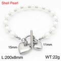 Bracciale in perle di conchiglia con chiusura a barra e doppi ciondoli a cuore - Bracciale con ciondolo a cuore argento (KB186957-Z) / Argento
