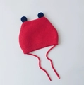 Red knit baby hat with blue double pompoms and chin straps on white background - Cap circumference 40-48cm, suitable for 3-18 months / Candy Ball Red
