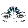 Macro detail of blue and AB crystal forehead gem sticker in elegant crown pattern - Dark Blue Iridescent Crown Style (YT-157)