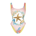 Bañador de una pieza rosa para mujer con estampado marino y escote en U - S / Estampado Marino Rosa