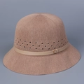 Detail of beige knitted sun hat showing breathable eyelets and leather band with gold buckle - M (56-58cm) / Khaki