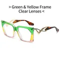 Oversized geometric glasses featuring multi-color gradient frames and golden wavy metal temples - Green Yellow Frame Clear Lens